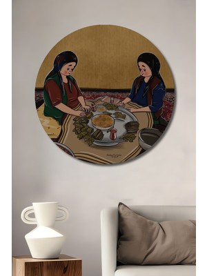 Teona Ahşap Sulu Boya Görünümlü Lezzetli Yaprak Sarma Hazırlığı Ahşap Dekoratif Tablo Yuvarlak Tablo
