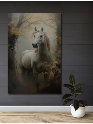 Teona Ahşap Asil Beyaz At Yağlı Boya Görünümlü Soyut Sanat Dekoratif Ahşap Tablo Dikdörtgen Tablo