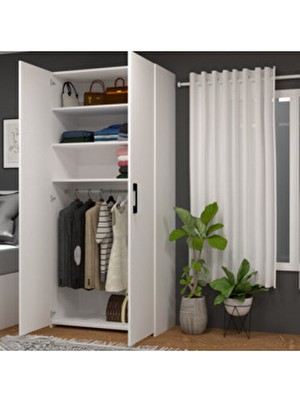 Mobilique Retro-9 Askılı 3 Raflı 2 Kapaklı Gardırop Beyaz