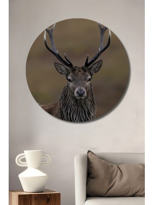 Teona Ahşap Görkemli Geyik Yağlı Boya Görünümlü Ahşap Dekoratif Tablo Yuvarlak Tablo