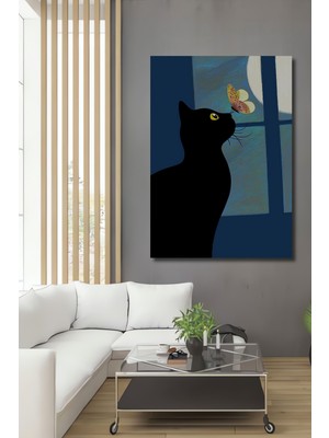 Teona Ahşap Siyah Kedi ve Kelebek Sulu Boya Görünümlü Ahşap Dekoratif Tablo Dikdörtgen Tablo