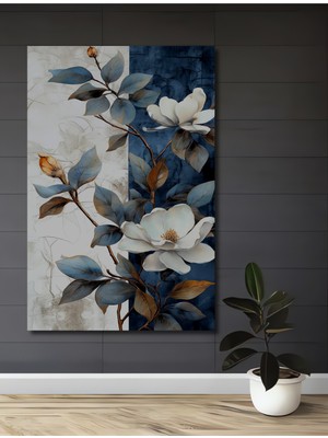 Teona Ahşap Mavi Beyaz Çiçekler Sulu Boya Görünümlü Ahşap Dekoratif Tablo Dikdörtgen Tablo