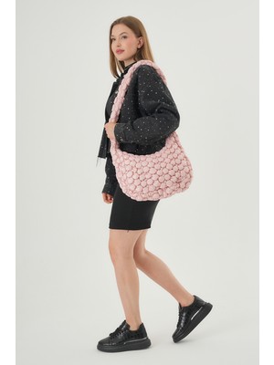 Cluody Bag Pink Baget Kapitone / Pembe Quilted Crossbody El ve Omuz Çantası Boy:27 En:41 Sap:90)