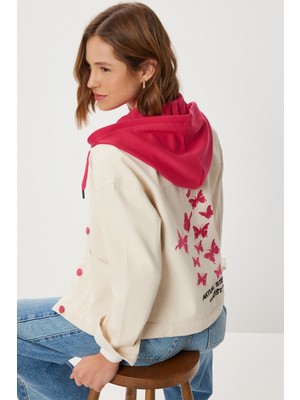 Happiness İstanbul Kontrast Renkli Işlemeli Denim Ceket LSA0019 Krem Pembe