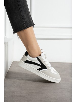 Navi Shoes Kadın Spor Ayakkabı Bağcıklı Sneakers Suni Deri Düz Taban Beyaz-Siyah