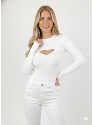 Teenage Millionaire Kadın Beyaz Iki Parçalı Parmak Geçme Detaylı Üst Kalite Dokuma Uzun Kollu Fitilli Bluz Body