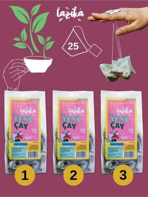 Lazika (3'lü Set) Yeşil Çay 25'li PLA Piramit Poşet - El Yapımı, 2,5 Yaprak