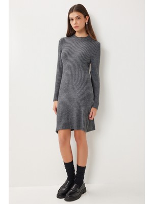 Happiness İstanbul Fitilli Triko Kısa Çan Elbise LCI0055 Antrasit