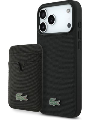 iPhone 17 Pro Max Kılıf Lacoste Lisanslı M-Safeli Pu Pike Desenli Metal Logo Kartlıklı Kapak Siyah