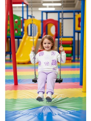 FRM Kız Çocuk Pamuklu Örme Takım Çiçek Baskılı Sweatshirt ve Eşofman Altı Kaliteli Şık Rahat
