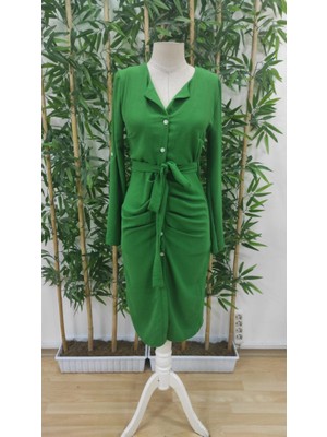 Janes Kadın Uzun Kollu Önden Düğmeli Beli Kuşaklı Aerobin Midi Elbise