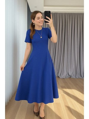 Janes Kadın Kısa Kollu Bisiklet Yaka Maksi Boy Ithal Krep Elbise