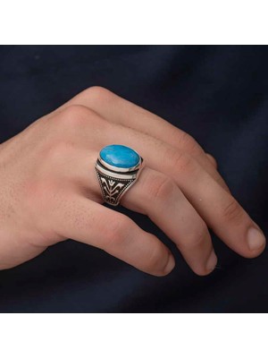 Gumush Hk Gümüş Erkek Yüzük Zirkon Turkuaz Taşlı Oval |Gümüş Takı Hediyelik Ürünler