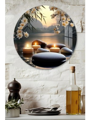 KutuTR 3D Görünümlü Temperli Cam Tablo – Zen Mum ve Doğal Taş Temalı Duvar Süsü Uv Baskı 33X33 CM-CDS117