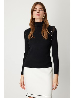 On Kadın Balıkçı Yaka Düğme Detaylı Triko Kazak 60414 Siyah