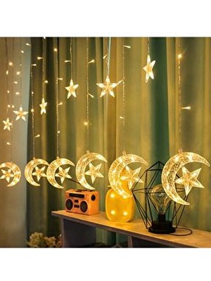 Ay Yıldız Perde LED Dekoratif Parti Kutlama Süsleme Sarı Renkli 8 Modlu Işıklandırma