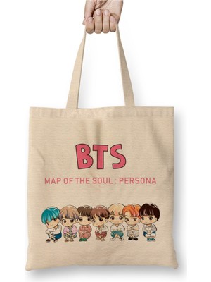 Toyaso Kpop Bts Chibi Map Of The Soul Persona Beyaz Bez Çanta Uzun Saplı Alışveriş Çantası Plaj Çantası