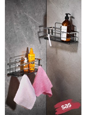 Sas Haus 2’li Yapışkanlı Ayarlanabilir Banyo Rafı – Paslanmaz Metal Kristal Şampuanlık, (Yapıştır/vidala) Krom-Siyah - Lş-01 -Ks
