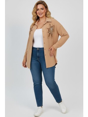 Kadın Büyük Beden Bej Pul Payet Işlemeli Uzun Kollu Gömlek Günlük Stil Regular Kesim
