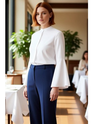 FRM Kadın Regular Kesim Hakim Yaka Ispanyol Kol Dokuma Gömlek Modern Zarafet Fonksiyonel Rahat