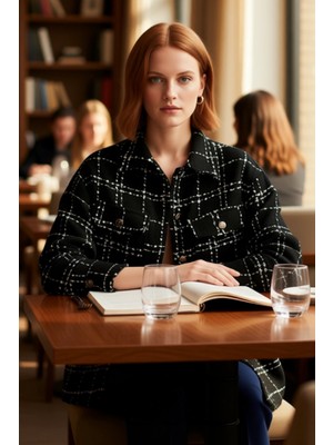 FRM Kadın Oversize Tüvit Dokuma Ekose Desenli Ceket Gömlek Çıt Kapamalı Çift Cepli Fonksiyonel