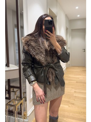 Magarde Kürklü Şal Yaka Premium  Deri Ceket- Haki