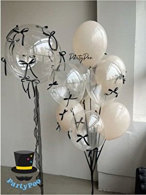 Siyah Fiyonk Kurdeleli Bobo ve Kum Beji - Şeffaf Balon Seti 10'lu Fiyonklu Balon Kurdeleli Balon