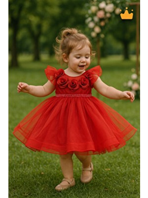 Minimony 2-6 Yaş Gül Yakalı Grenli Kabarık Tül Kız Bebek Çocuk Abiye Elbise Bayramlık Gelinlik Kırmızı 3502