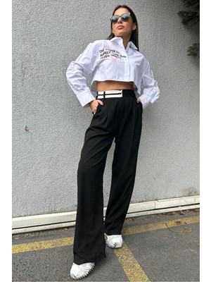 Ribana Classic Beyaz Kalp-Slogan Baskılı Crop Gömlek