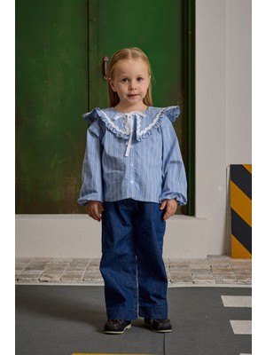 Fahhar Kids Geniş Yakalı Çizgili Gömlek Mavi