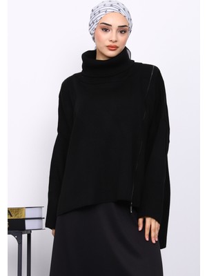 İmaj Butik Siyah Balıkçı Yaka Fermuarlı Triko Tunik