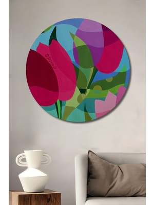 Teona Ahşap Renkli Lale Bahçesi Sulu Boya Görünümlü Modern Sanat Ahşap Dekoratif Tablo Yuvarlak Tablo