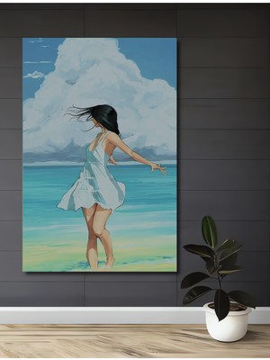 Teona Ahşap Beyaz Elbiseli Kadın Sahil Manzarası Sulu Boya Görünümlü Sanat Ahşap Tablo Dikdörtgen Tablo