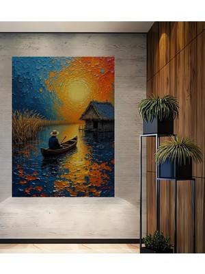 Teona Ahşap Yağlı Boya Görünümlü Ahşap Dekoratif Tablo Gölde Kayık Keyfi Modern Sanat Dikdörtgen Tablo