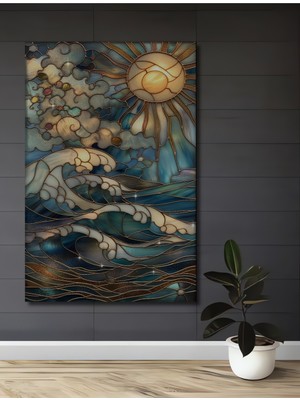 Teona Ahşap Vitray Görünümlü Deniz ve Güneş Temalı Ahşap Dekoratif Tablo Dikdörtgen Tablo