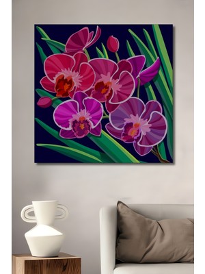 Teona Ahşap Renkli Orkide Çiçekleri Dijital Yağlı Boya Görünümlü Ahşap Dekoratif Tablo Dikdörtgen Tablo