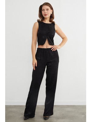 FullaModa Leopar Desenli Saten Yelek Pantolon Takım