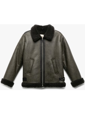 Koton Peluş Detaylı Gömlek Yaka Uzun Kollu Oversize Biker Ceket
