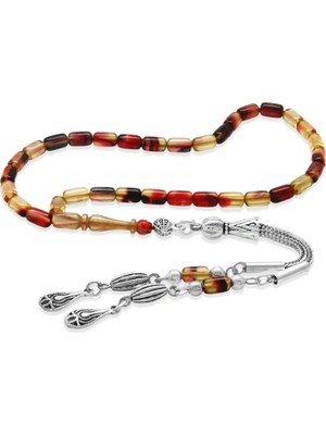 Tesbihane Ateş Kehribar Tesbih - Kararmaz Metal Damla Püsküllü - Bonibon - Mini Boy - Kapsül Kesim