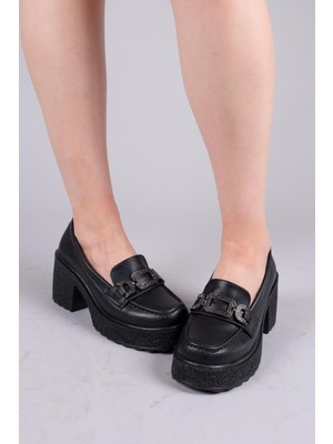 Birikon Ferlac Taşlı Tokalı Kalın Topuklu Loafer Siyah