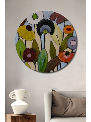 Teona Ahşap Renkli Çiçekler Yağlı Boya Görünümlü Ahşap Dekoratif Tablo Yuvarlak Tablo