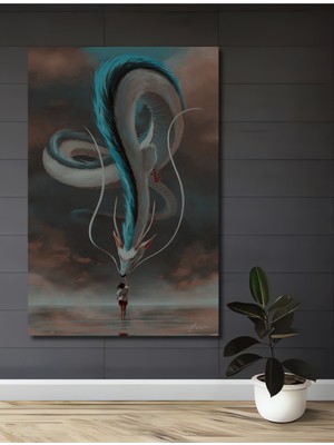 Teona Ahşap Ruhların Kaçışı Haku ve Chihiro Pastel Boya Görünümlü Dekoratif Ahşap Tablo Dikdörtgen Tablo