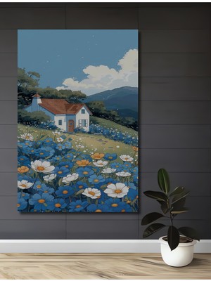 Teona Ahşap Masalsı Ev ve Çiçekler Sulu Boya Görünümlü Dekoratif Ahşap Tablo Dikdörtgen Tablo