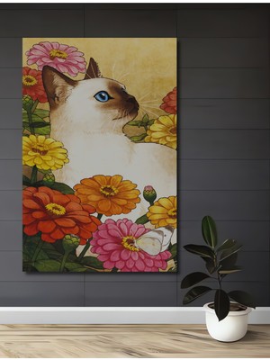 Teona Ahşap Siam Kedi Renkli Çiçekler Sulu Boya Görünümlü Ahşap Dekoratif Tablo Dikdörtgen Tablo