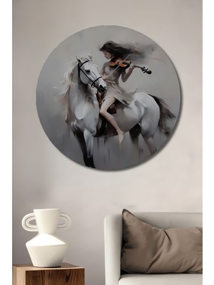 Teona Ahşap At Üzerine Yağlı Boya Görünümlü Kadın ve Beyaz At Sanat Tablosu Yuvarlak Tablo