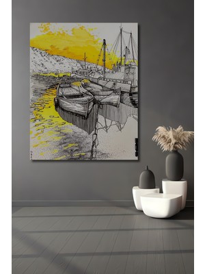 Teona Ahşap Gün Batımı Tekne Manzarası Sulu Boya Görünümlü Ahşap Dekoratif Tablo Dikdörtgen Tablo