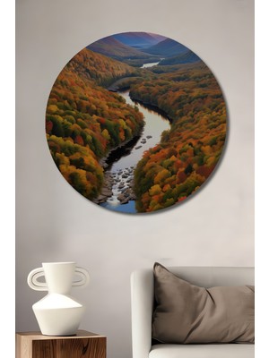 Teona Ahşap Sonbahar Vadi Manzarası Yağlı Boya Görünümlü Dekoratif Ahşap Tablo Yuvarlak Tablo