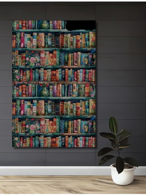 Teona Ahşap Kitaplıkta Yağlı Boya Görünümlü Bohem Sanat Ahşap Dekoratif Tablo Dikdörtgen Tablo