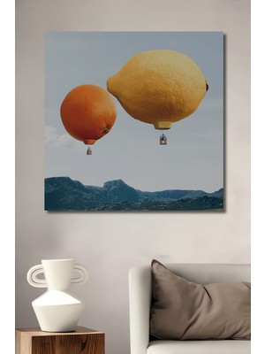 Teona Ahşap Portakal ve Limon Balonları ile Gökyüzü Seyahati Yağlı Boya Görünümlü Ahşap Tablo Dikdörtgen Tablo