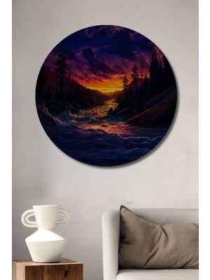 Teona Ahşap Ateşli Gün Batımı Orman Nehri Yağlı Boya Görünümlü Dekoratif Ahşap Tablo Yuvarlak Tablo